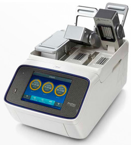 Laboratory instrument with a touchscreen and sample block.