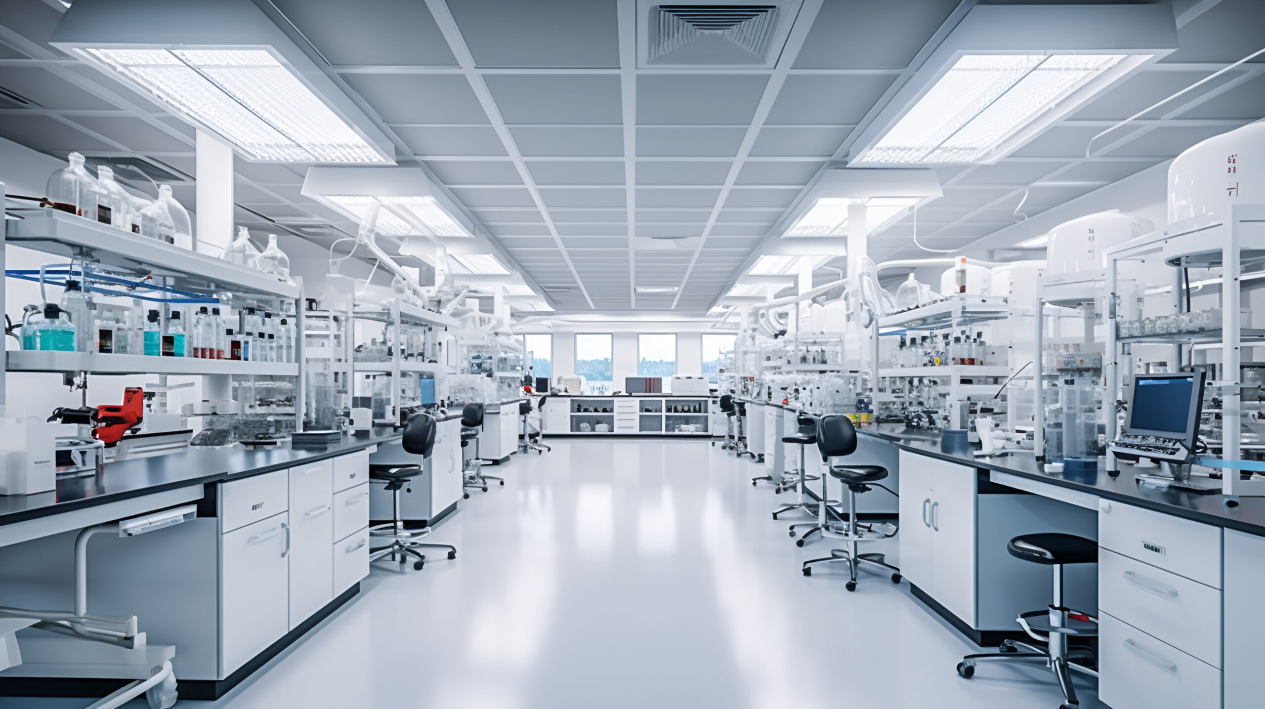 Illustrative laboratory interior with benches and equipment.