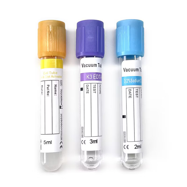 Blood collection tubes with printed additive and volume labels.
