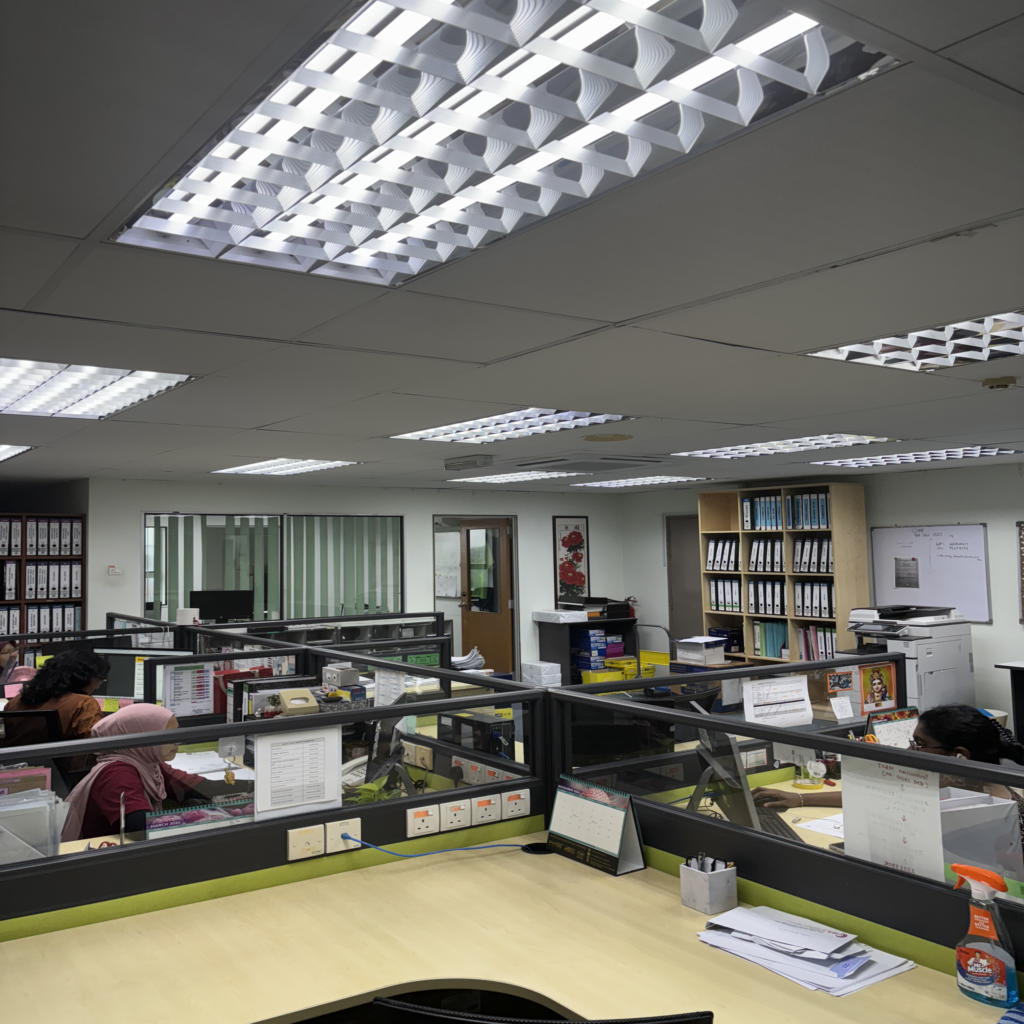 Office desks and filing shelves.