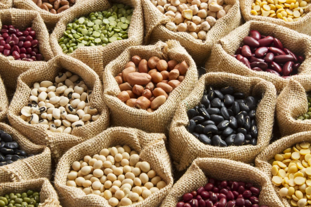 Assorted dried beans and legumes.