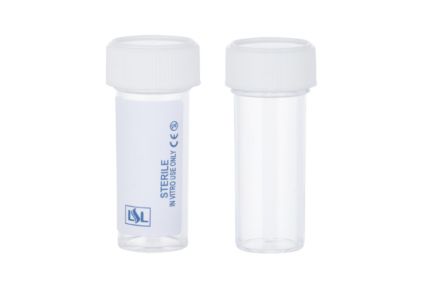 Specimen container with printed safety labels.