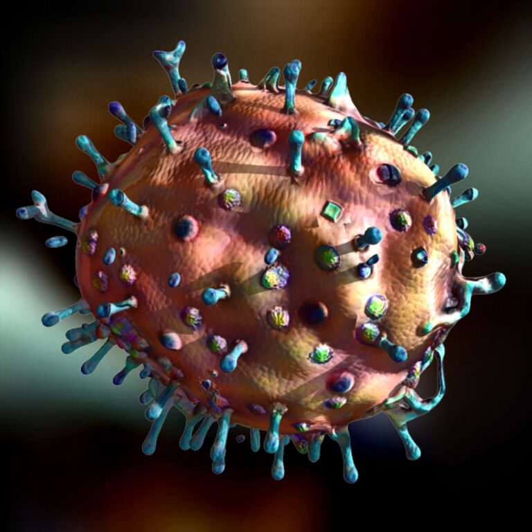 Rendered brown spherical particle with blue surface projections and small colored surface details.