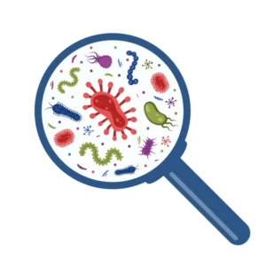 Magnifying-glass illustration containing colorful microscopic forms.