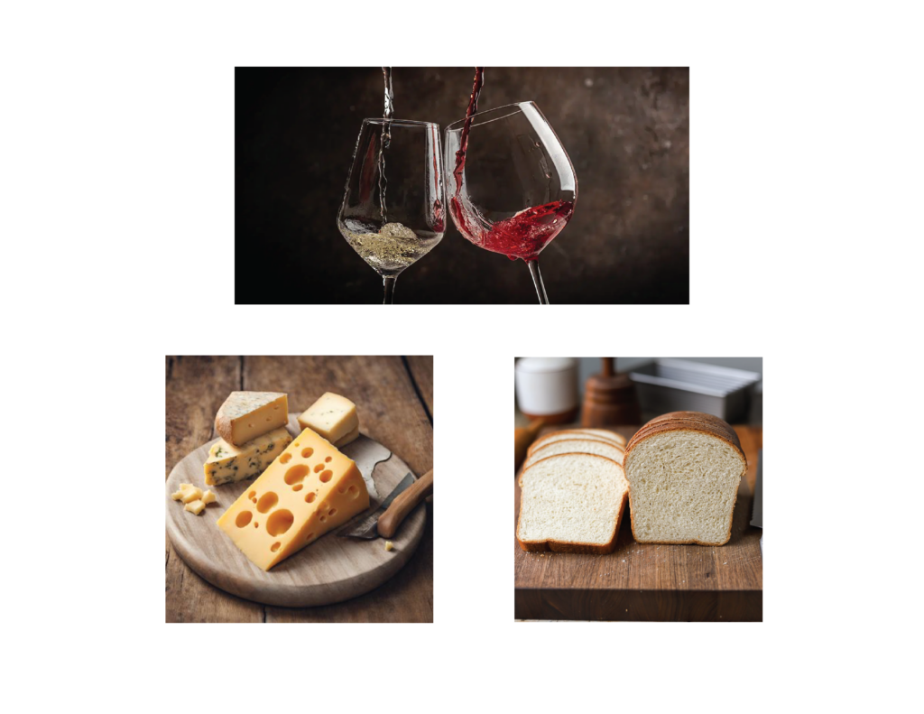 Collage showing wine, cheese, and sliced bread.