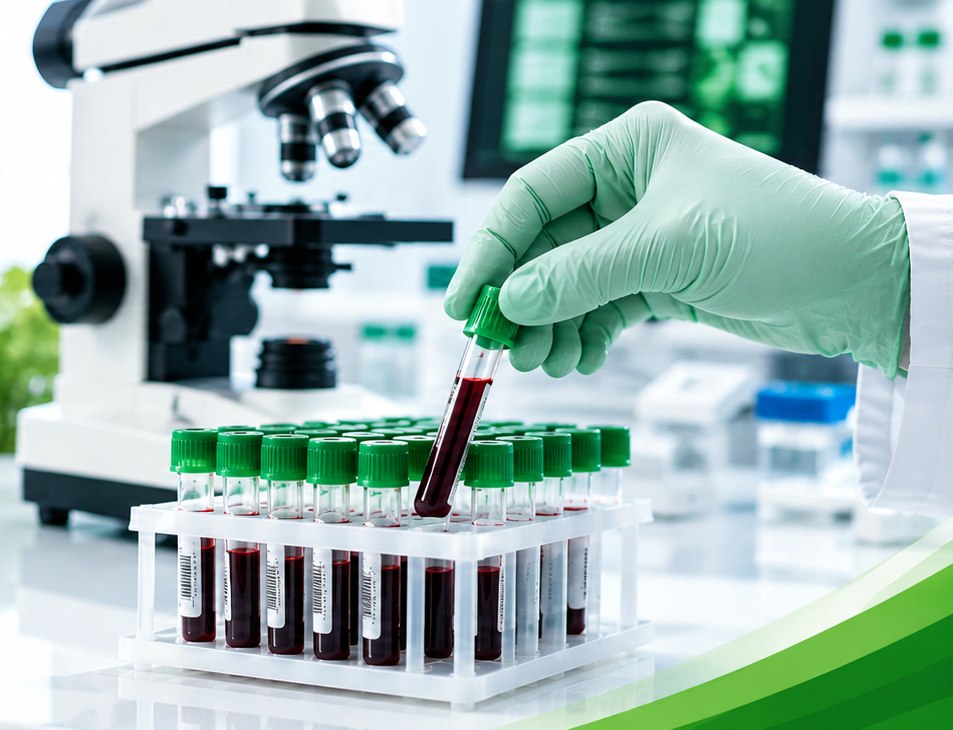 Laboratory technician handling a blood sample beside a microscope
