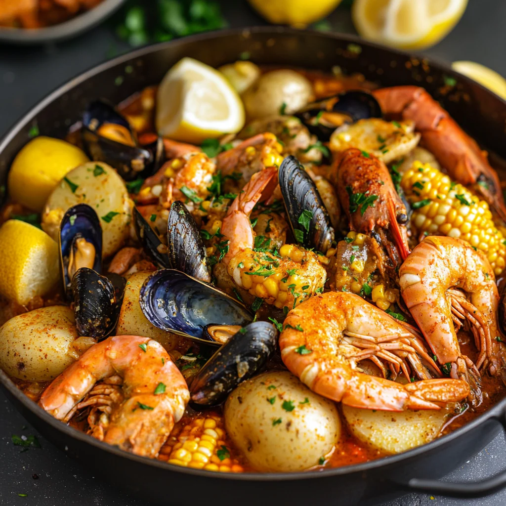 Cooked seafood with potatoes and corn.