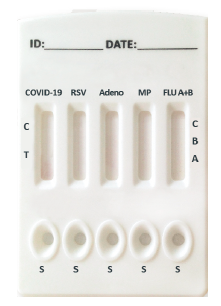Respiratory rapid-test cassette with labeled result windows.